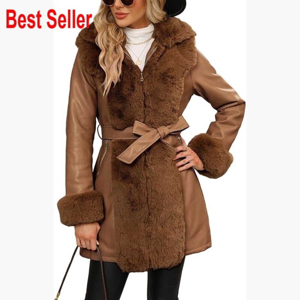 Women's Faux Leather Parka with Faux Fur Lining and Belt